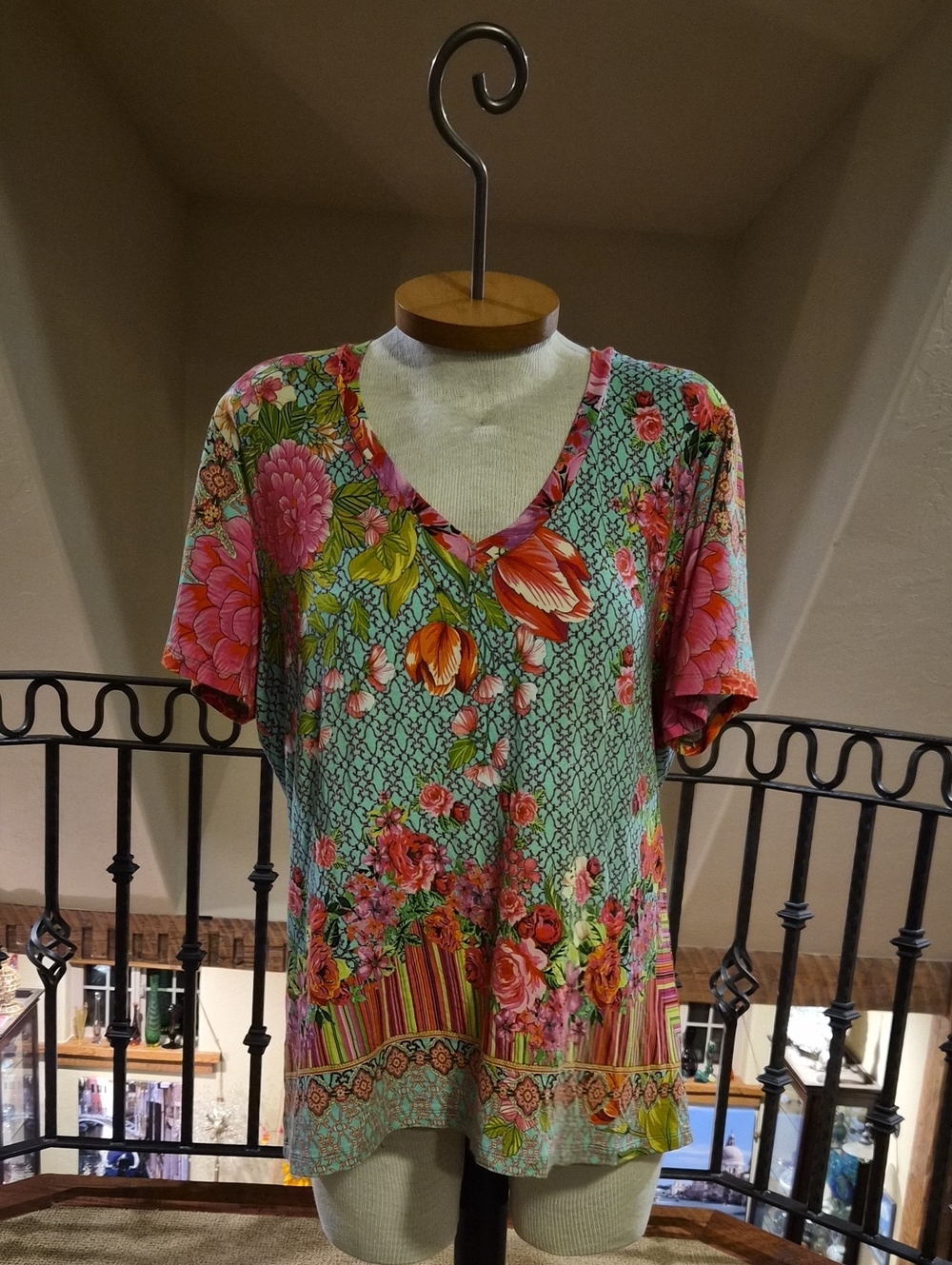 Johnny Was Mint Floral Short Sleeve V-Neck Tee with Pink & Yellow Blooms